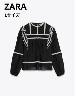 【ZARA】25SSコントラストエンブロイダリーブラウス　ブラック