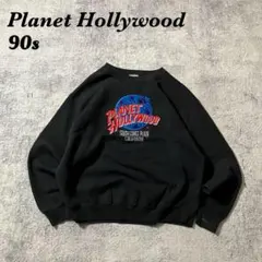 90sUSA製PlanetHollywood刺繍短丈スウェットブラックL黒古着