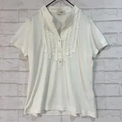 美品 アンケート フリルカットソー（L）白 半袖 テンセル混 薄手 透け感 洗濯のサムネイル
