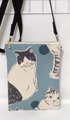 ハンドメイド・スマホポシェット・開け口ファスナー・BIG猫・猫柄スモークブルー③