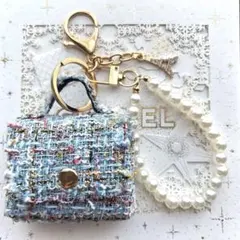 ツイード　ミニバッグ　キーホルダー　ブルー