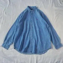 【定番】ラルフローレン デニムシャツ 赤刺繍 ポニー L ビッグサイズ 90s