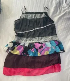 古着　キャミワンピース　カラフルフリルノースリーブミニワンピース