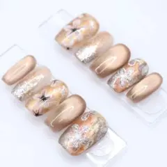 【260】ネイルチップSサイズ ベージュブラウン　花柄　ニュアンス マグネット