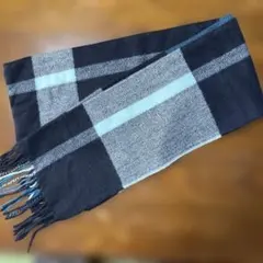 フリンジ付きマフラー　ブルー系　チェック