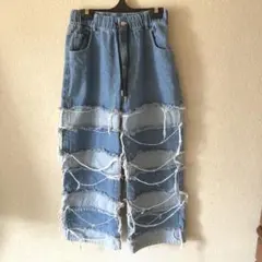 MELLOWダメージ加工 ワイドレッグデニムパンツ