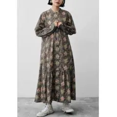 MORRIS Gallery プリントロングワンピース　長袖　バンドカラー　L