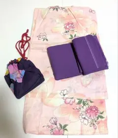花柄浴衣　紫帯　巾着　セット　祭　花火　デート　散策　旅行　M　即日　かわいい