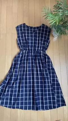 GU ネイビー チェック柄 ノースリーブ ワンピース M