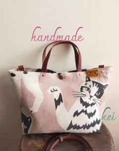 人気！ネコ柄　くすみピンク　2wayトートバッグ ショルダー　本革 エチノ　P2