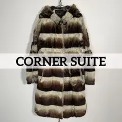 ★CORNER SUITE ラビットファー フーデッドコート マルチストライプ