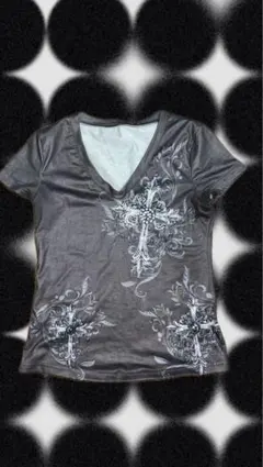 グレー Vネック Tシャツ クロスデザイン　y2k