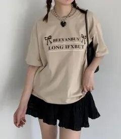 新品　トレンド　リボンプリント　半袖Tシャツ　綿100% シンプルロゴ