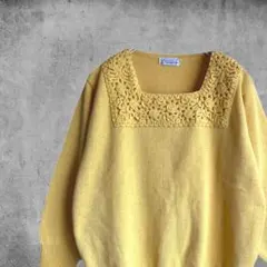 vintage knit 半袖ニット 五分袖 スクエアネック お花 古着