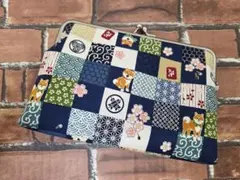 スリムな がま口ポーチ　和柄柴犬(青)　通帳 お薬手帳 母子手帳ケース