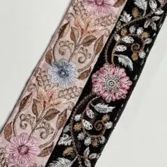 インド刺繍リボン 花 ピンク 黒 レース 2本セット ⑧