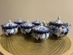 深川製磁　 青と白の花模様 蓋つき湯飲み5個と急須セット