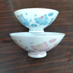 セール　猫イラストの飯碗 青とピンク 2個セット