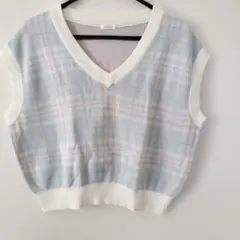 【古着】COLZA ニットベスト チェック柄 Vネック Lサイズ