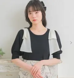 ems excite パフスリーブ肩リボンニット　ブラック　モノトーン　可愛い