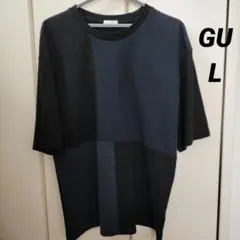 GU ブラック・ネイビー パッチワークデザイン Tシャツ　L
