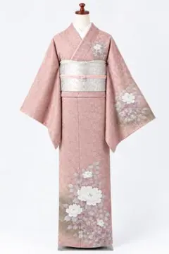 訪問着　未使用　未仕立て品　丹後ちりめん　作家物　落款　牡丹　菊　地紋　ピンク地