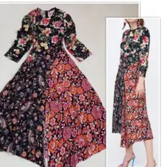 【ZARA 】ザラ花柄切り替えアシンメトリーワンピース ペイズリー XS