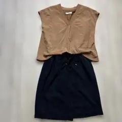 AG ブラウン×ネイビー ワンピース オールインワン S ウエストヒモ付き