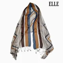 美品 ELLE エル 薄手 大判 ストール ベージュ 青緑 茶 白