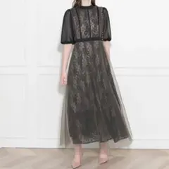 Leja LEJA 美脚効果ハイウェストチュールレース切り替えドレスワンピース