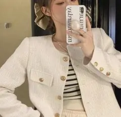 ノーカラーラメツイードジャケット 金ボタン XL