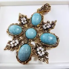 ヴィンテージターコイズ風クロスリーフペンダントトップ