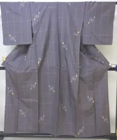 中古美品 紬 格子に四角柄 しつけ付き 単衣 くすみ薄紫■N80113-5