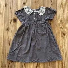 ブラウン グレー 半袖ワンピース レース襟