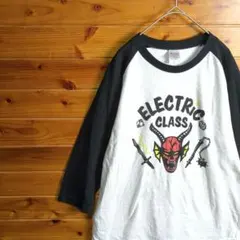 半袖Tシャツ　白　黒　L　ラグラン袖　悪魔　カジュアル　ストリート　七分袖　古着