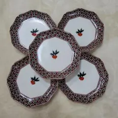 九谷焼　栄山窯　赤かぶ　九角皿　５枚セット　中皿　銘々皿　八角皿　色絵