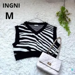 美品✨INGNIイング◆ゼブラ柄ニットベスト(M)ブラック・ホワイト　ショート丈