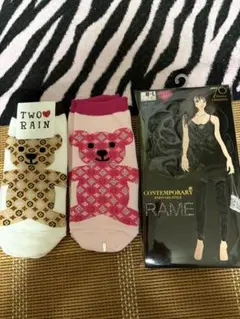 なんちゃってヴィトン　クマ柄ソックス 2足セット＋ラメ入りタイツ