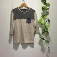 【ユニクロ】 グレー×ベージュ切替 七分袖 カットソー Sサイズ メンズ