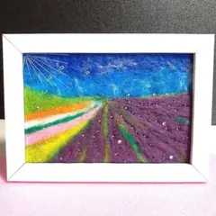 羊毛フェルト 刺繍「ひまわり畑」フレーム ハンドメイド 風景画 羊毛