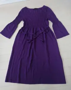 MANOUQUA 紫 七分袖 ひざ丈ニットワンピース