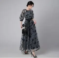 パーティードレス レディース花柄 Aライン ロング丈 体型カバー Lサイズ