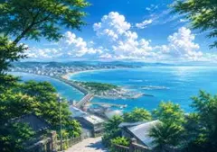 【イラスト】夏の海と街並み アートポスター