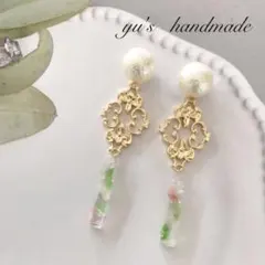 冬コーデ✨ゴールド パール 琉球ガラス レジン ピアス✨チタン 樹脂 イヤリング