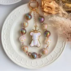 オーロラビーズ クマ型チャーム ストラップ