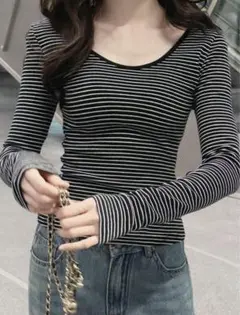 ラウンドネック ボーダー 長袖 Tシャツ