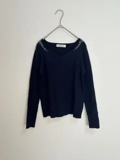 【MISCH MASCH】デコルテビジュー リブニット トップス ネイビー M