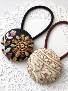 【No.64】インド刺繍 くるみボタン38㎜ ヘアゴム 2個セット