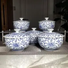 新品箱入6点 龍峰窯 染付更紗 ポット&高台カップ 茶器セット 冷茶にも