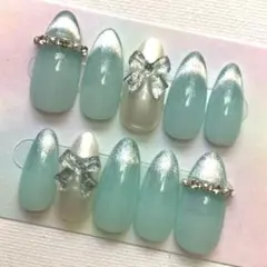 ネイルチップ ちゅるん キレイめ リボン マグネット ブルー グリーン 透明感